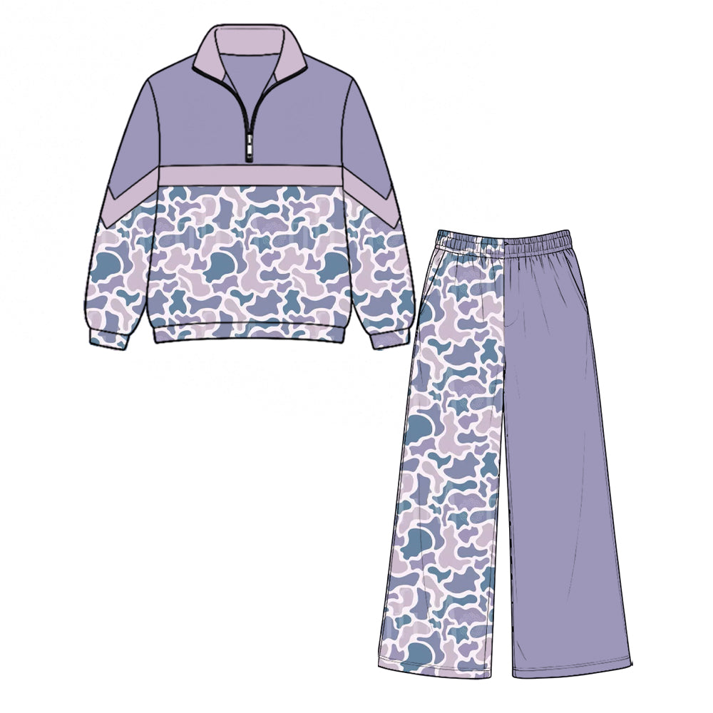 Preorder moq 5 Baby Girls Purple Camo Zip Pullover Pockets Flare Pant Clothes Set
