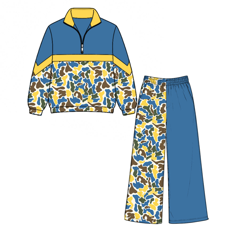 Preorder moq 5 Baby Girls Yellow Blue Camo Zip Pullover Pockets Flare Pant Clothes Set