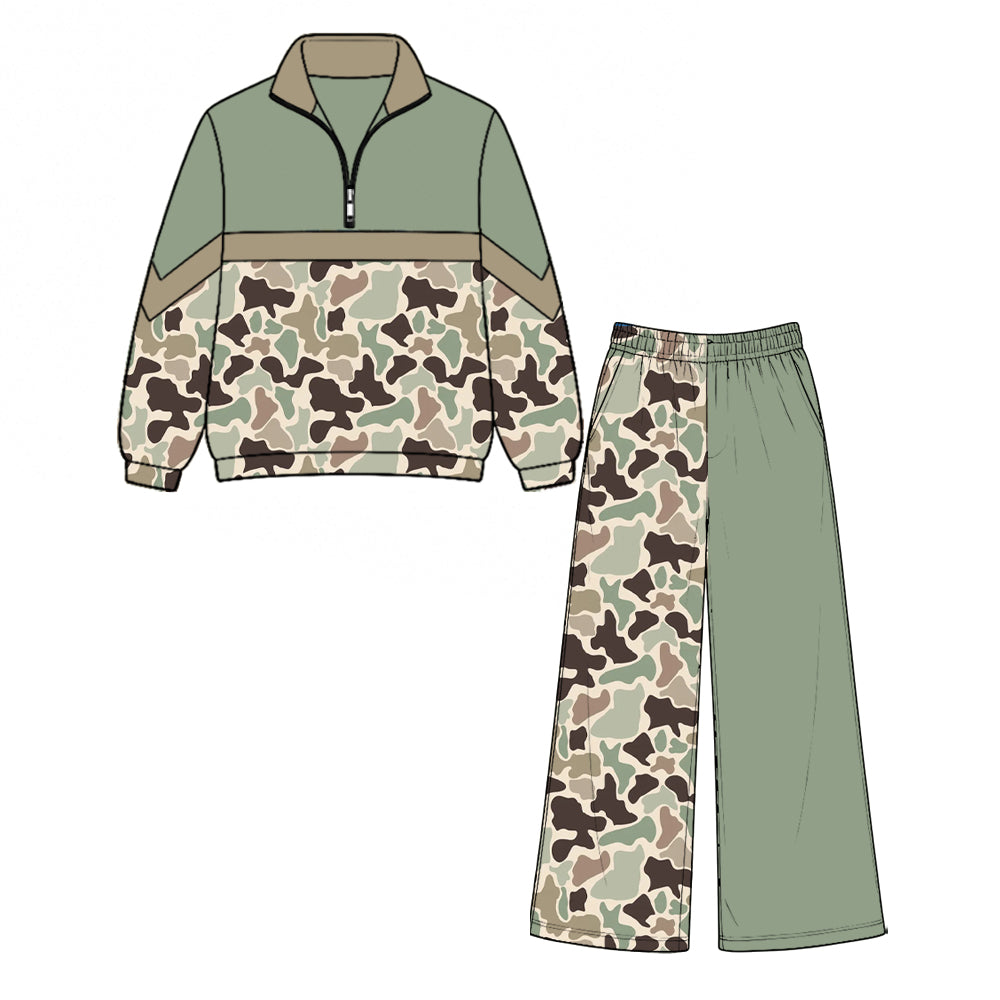 Preorder moq 5 Baby Girls Green Brown Camo Zip Pullover Pockets Flare Pant Clothes Set