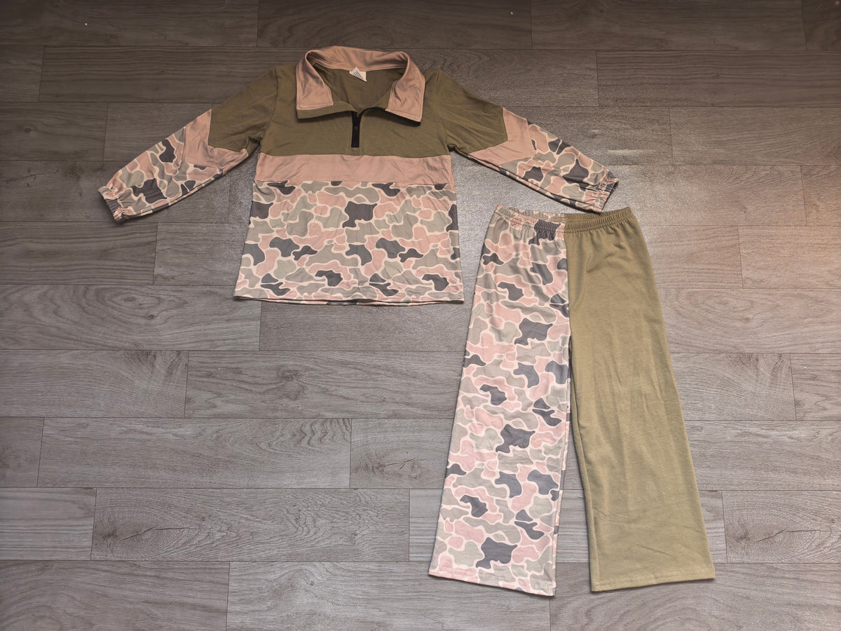 Preorder moq 5 Baby Girls Green Grey Camo Zip Pullover Pockets Flare Pant Clothes Set