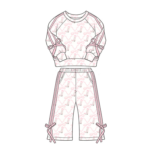 Preorder moq 5 Baby Girls Bows Boots Top Pockets Flare Pant Western Clothes Set