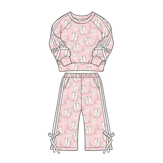 Preorder moq 5 Baby Girls Flowers Boots Top Pockets Flare Pant Western Clothes Set