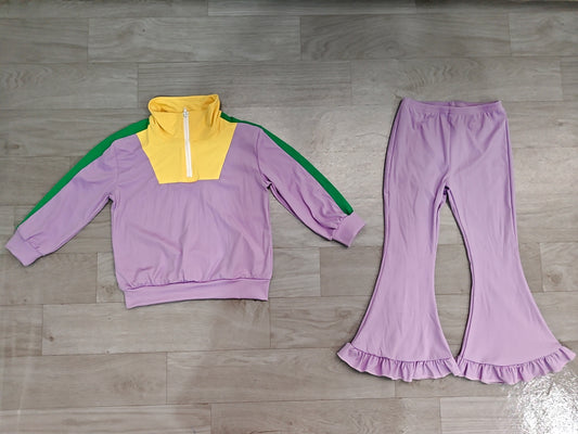 Baby Girls Mardigras Zip Pullovers Ruffle Bell Bottom Pant Yoga Active Clothes Set Preorder