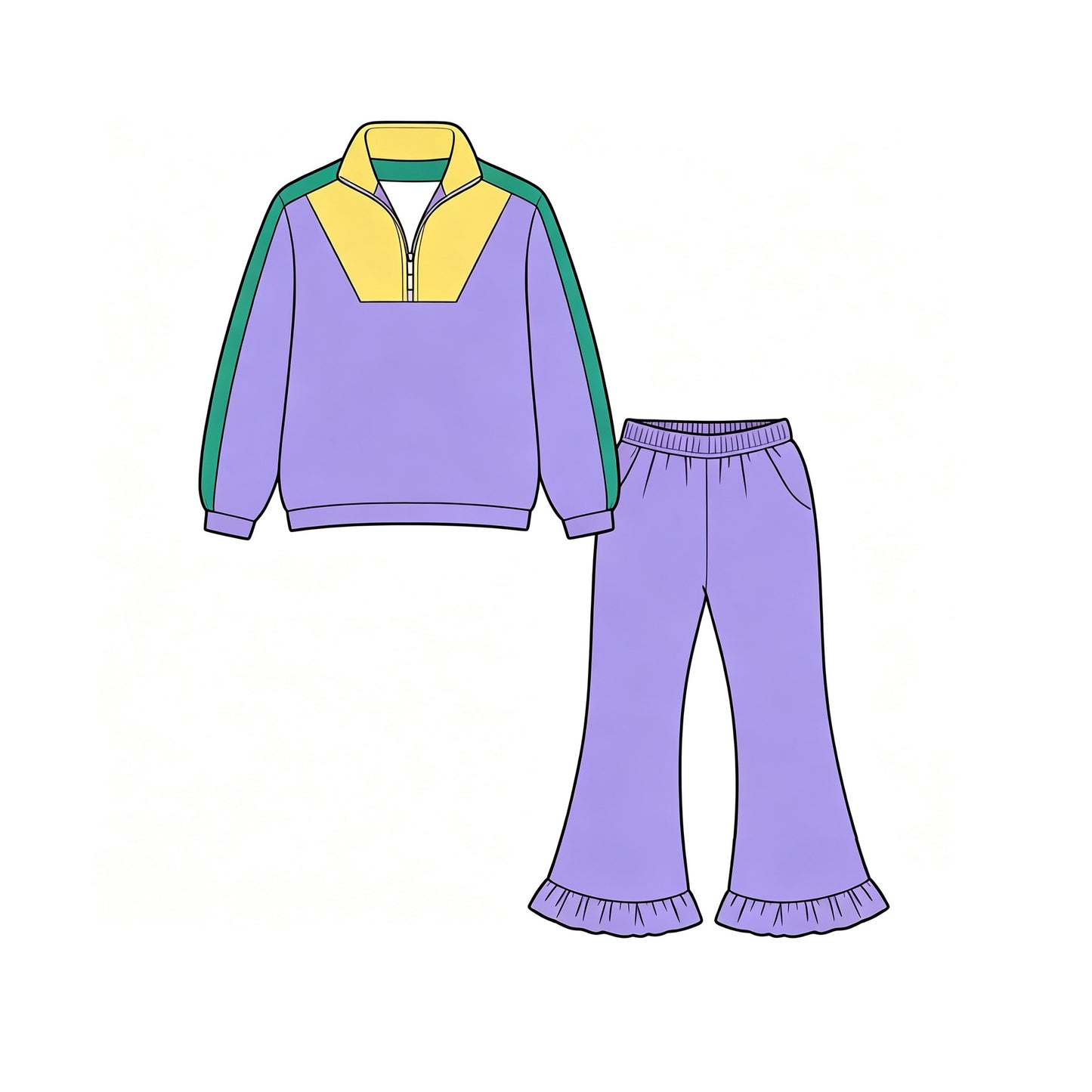 Preorder moq 5 Baby Girls Zip Pullover Pockets Ruffle Pant Mardigras Yoga Active Clothes Set