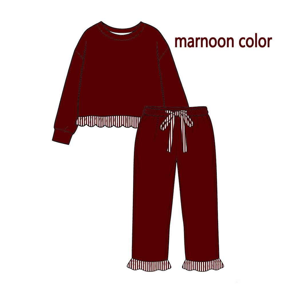 Preorder moq 5 Baby Girls Maroon Long Sleeve Top Ruffle Pant Cotton Clothes Set