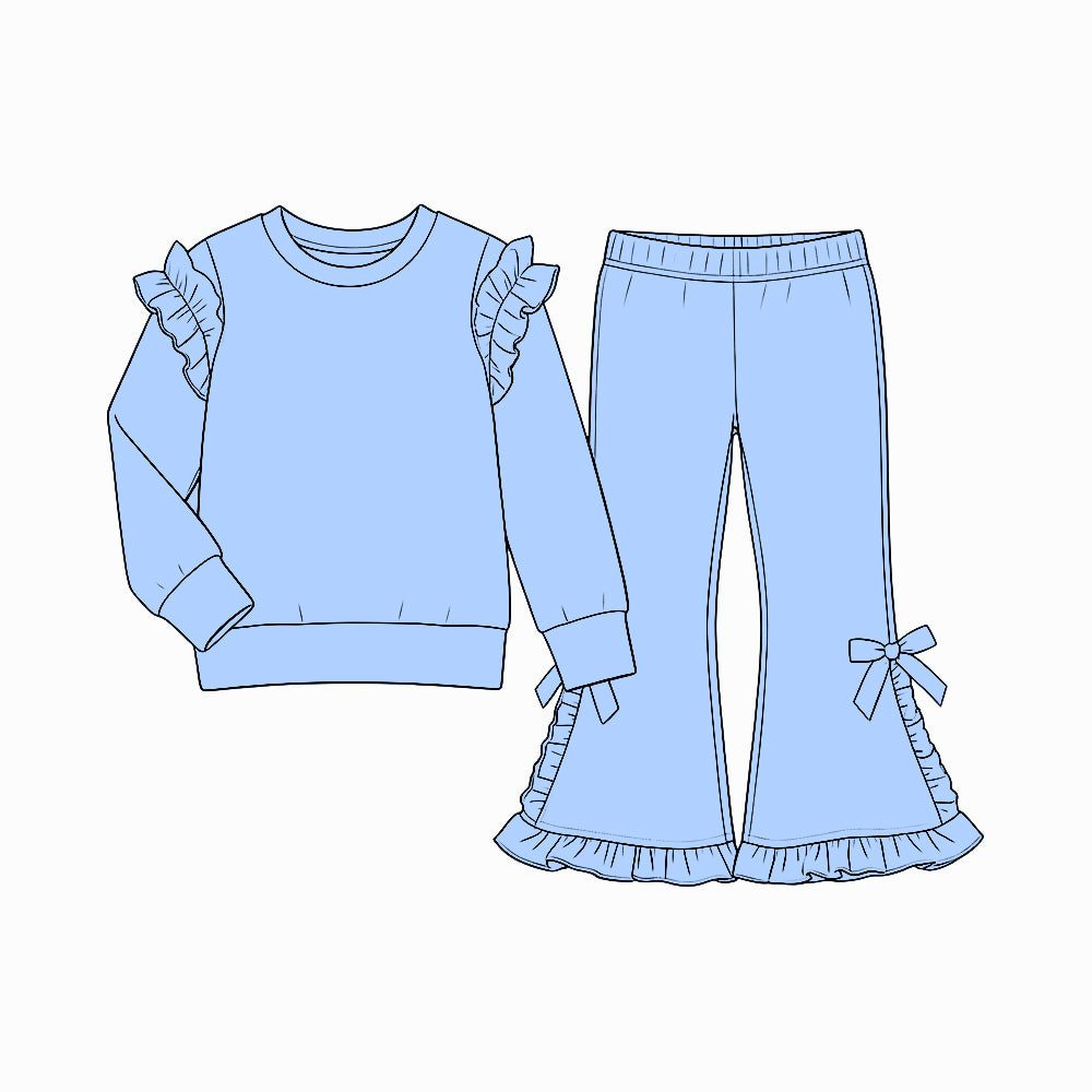 Baby Girls Blue Long Sleeve Top Bell Bottom Ruffle Pant Clothes Set Preorder