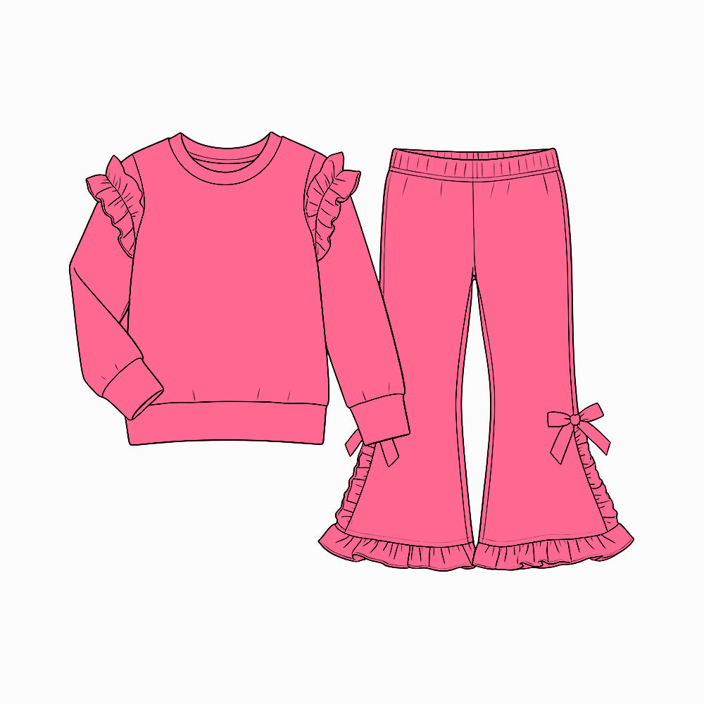Baby Girls Hot Pink Long Sleeve Top Bell Bottom Ruffle Pant Clothes Set Preorder