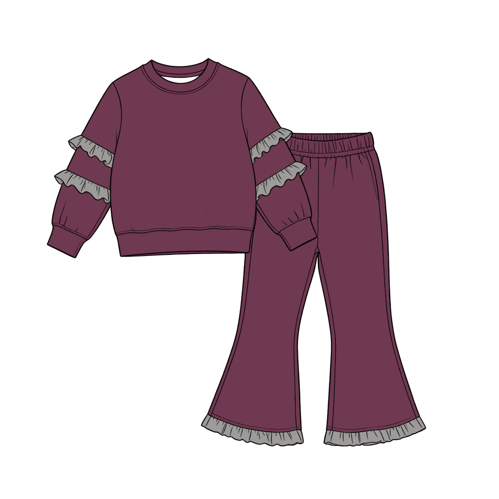 Baby Girls Maroon Long Sleeve Top Bell Bottom Ruffle Pant Clothes Set Preorder
