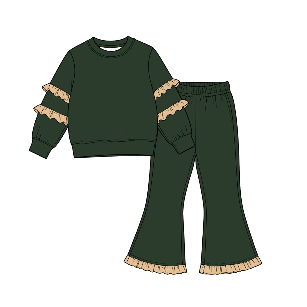 Baby Girls Dark Green Long Sleeve Top Bell Bottom Ruffle Pant Clothes Set Preorder