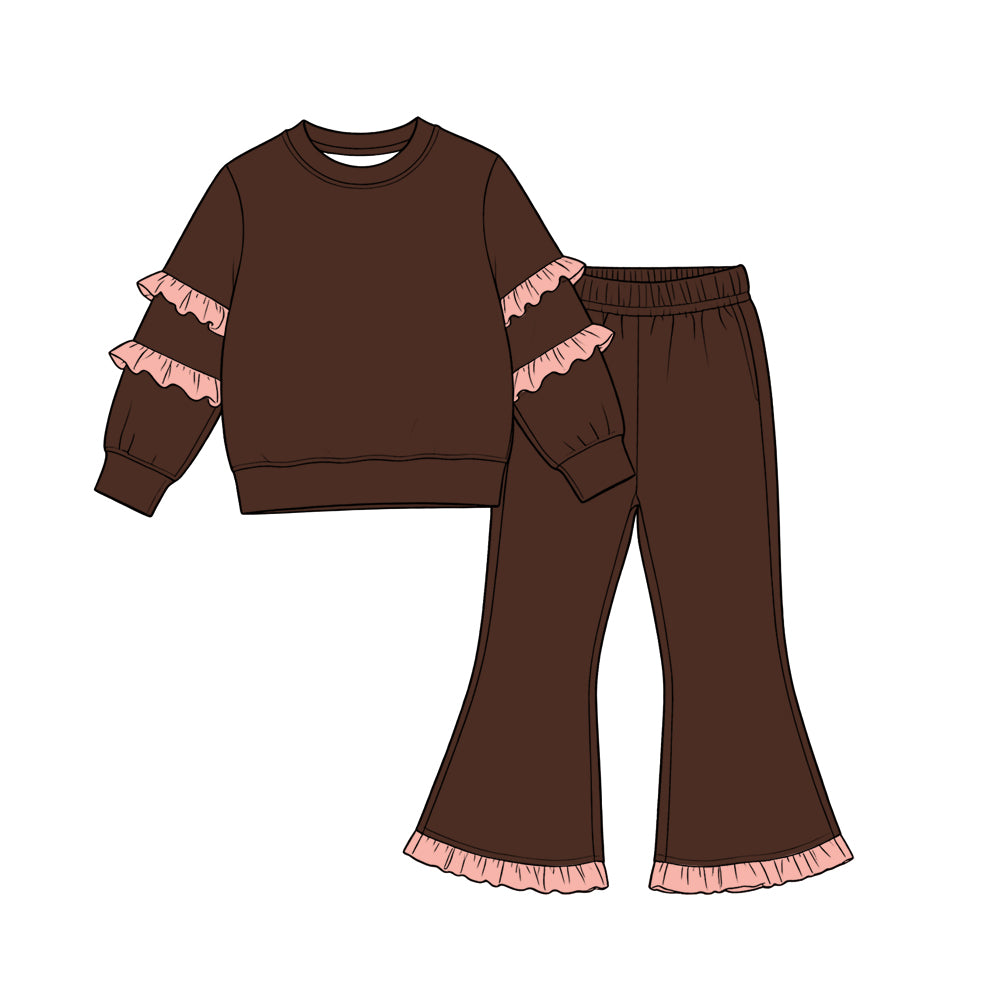 Baby Girls Brown Long Sleeve Top Bell Bottom Ruffle Pant Clothes Set Preorder