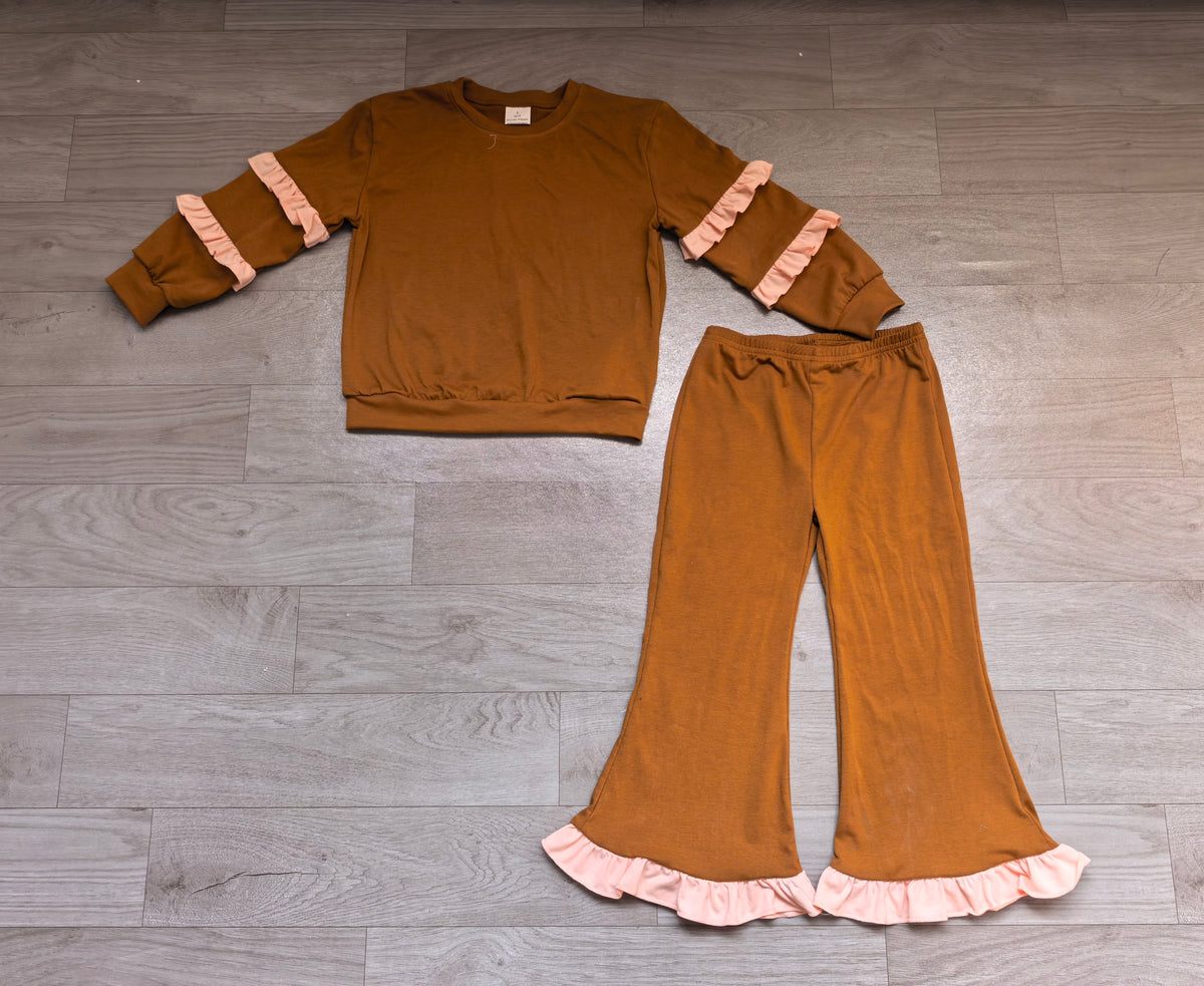 Baby Girls Brown Long Sleeve Top Bell Bottom Ruffle Pant Clothes Set Preorder
