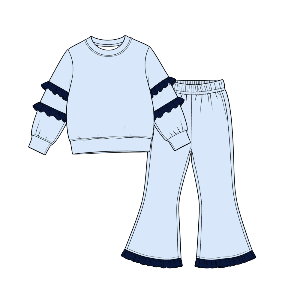 Baby Girls Light Blue Long Sleeve Top Bell Bottom Ruffle Pant Clothes Set Preorder