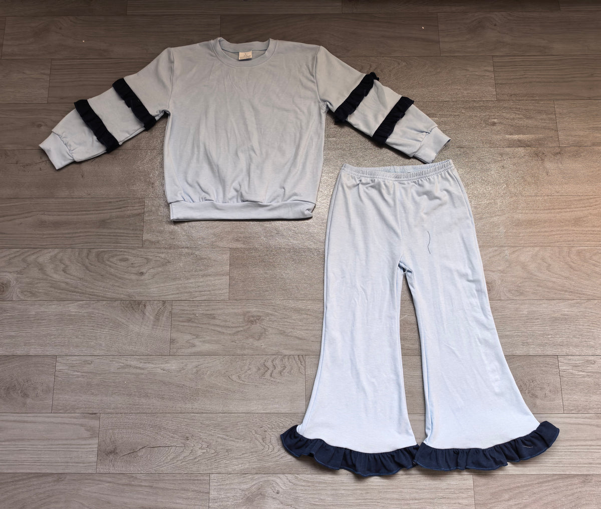 Baby Girls Light Blue Long Sleeve Top Bell Bottom Ruffle Pant Clothes Set Preorder