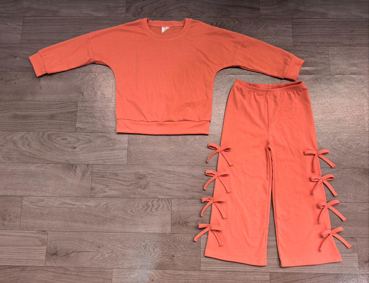 Baby Girls Peach Long Sleeve Top Bows Pockets Flare Pant Clothes Set Preorder