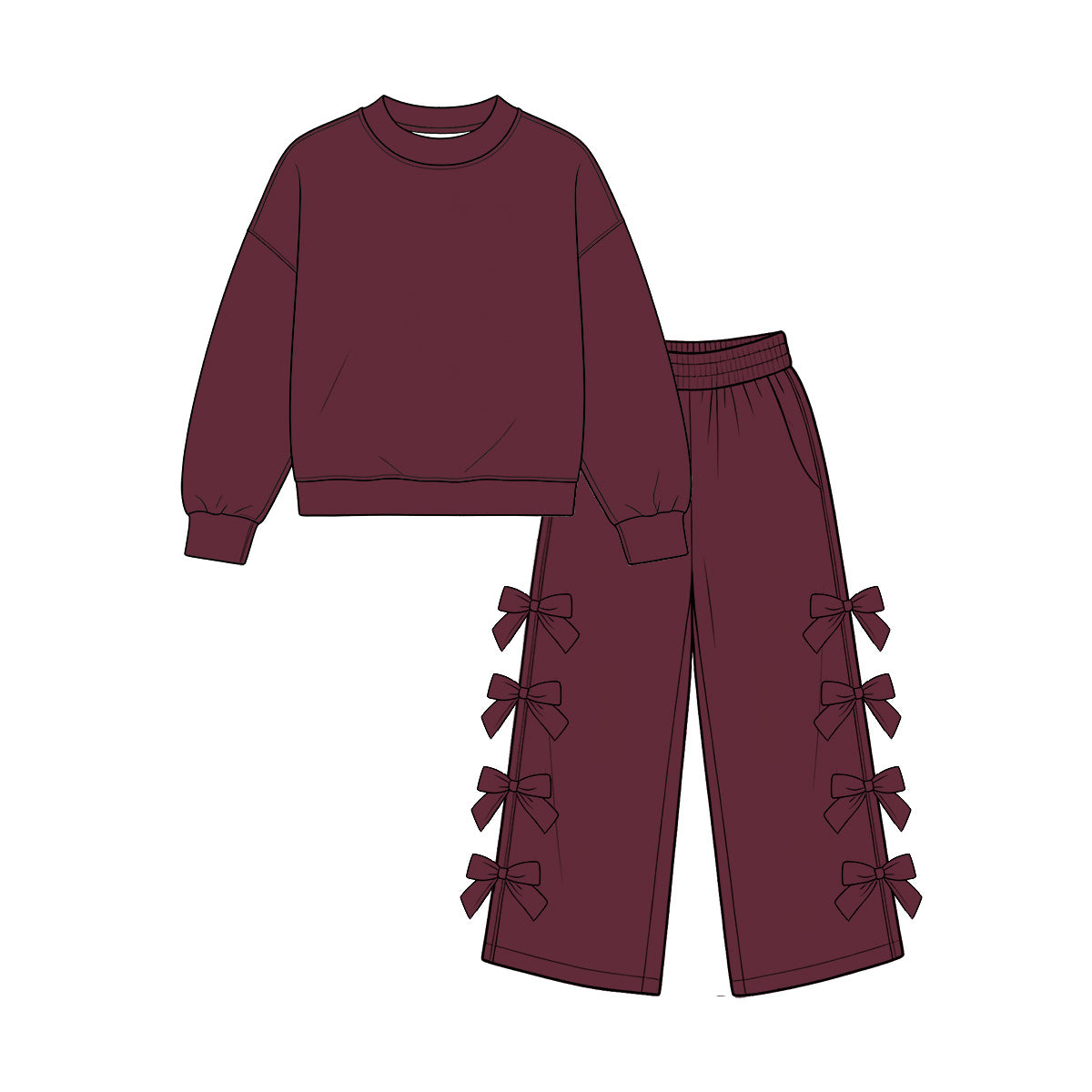 Baby Girls Maroon Long Sleeve Top Bows Pockets Flare Pant Clothes Set Preorder
