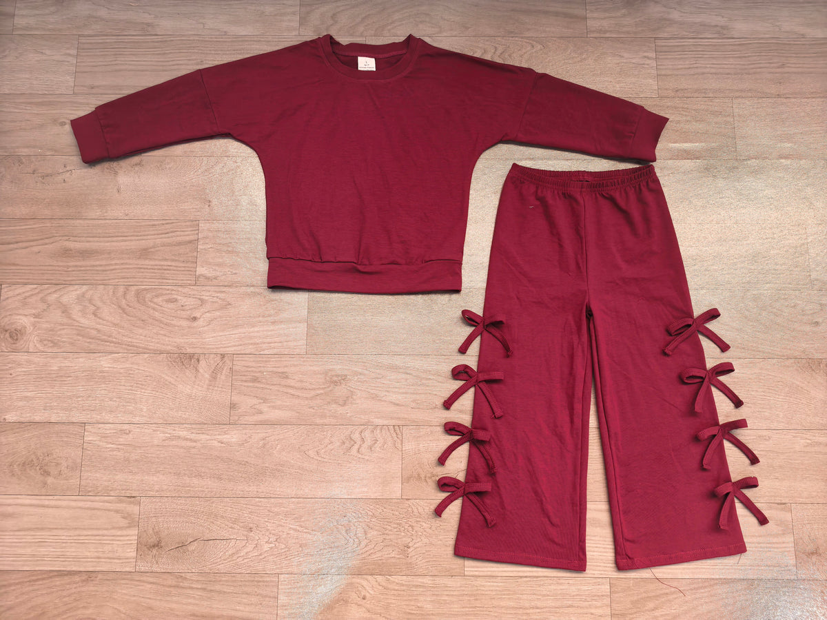 Baby Girls Maroon Long Sleeve Top Bows Pockets Flare Pant Clothes Set Preorder