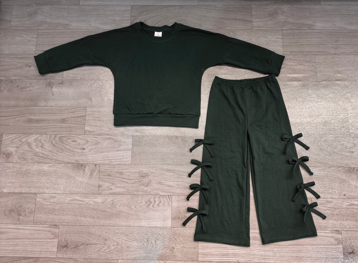 Baby Girls Green Long Sleeve Top Bows Pockets Flare Pant Clothes Set Preorder