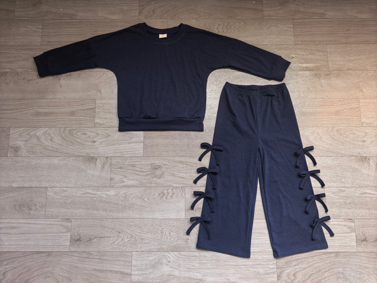 Baby Girls Navy Long Sleeve Top Pockets Bows Flare Pant Clothes Set Preorder