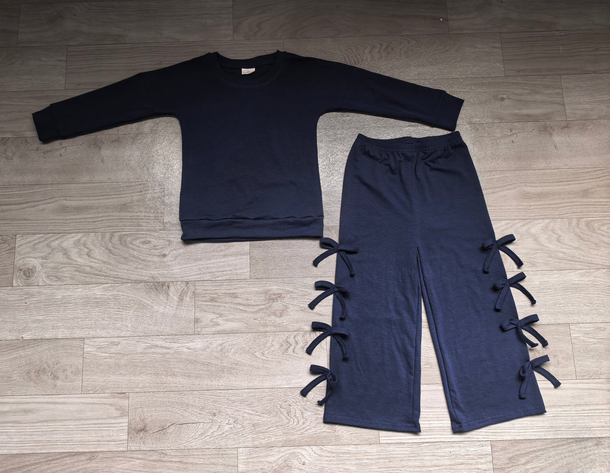 Baby Girls Navy Long Sleeve Top Pockets Bows Flare Pant Clothes Set Preorder