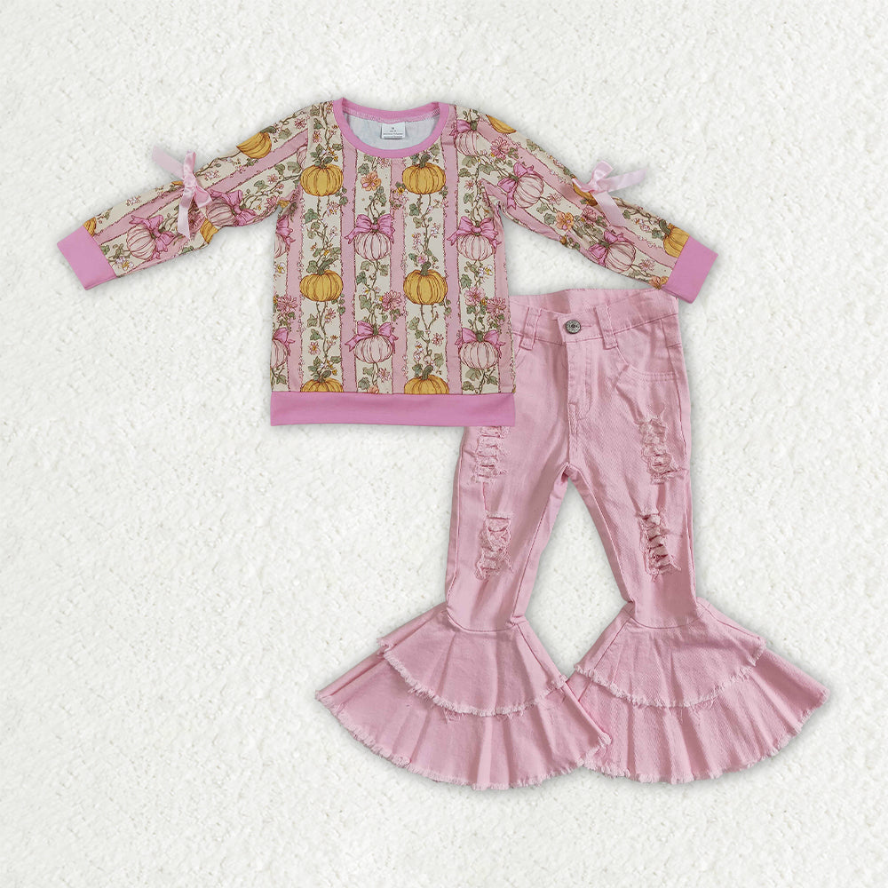 Baby Girls Flowers Pumpkins Bows Shirts Pink Denim Bell Bottom Pants Fall Clothes Sets