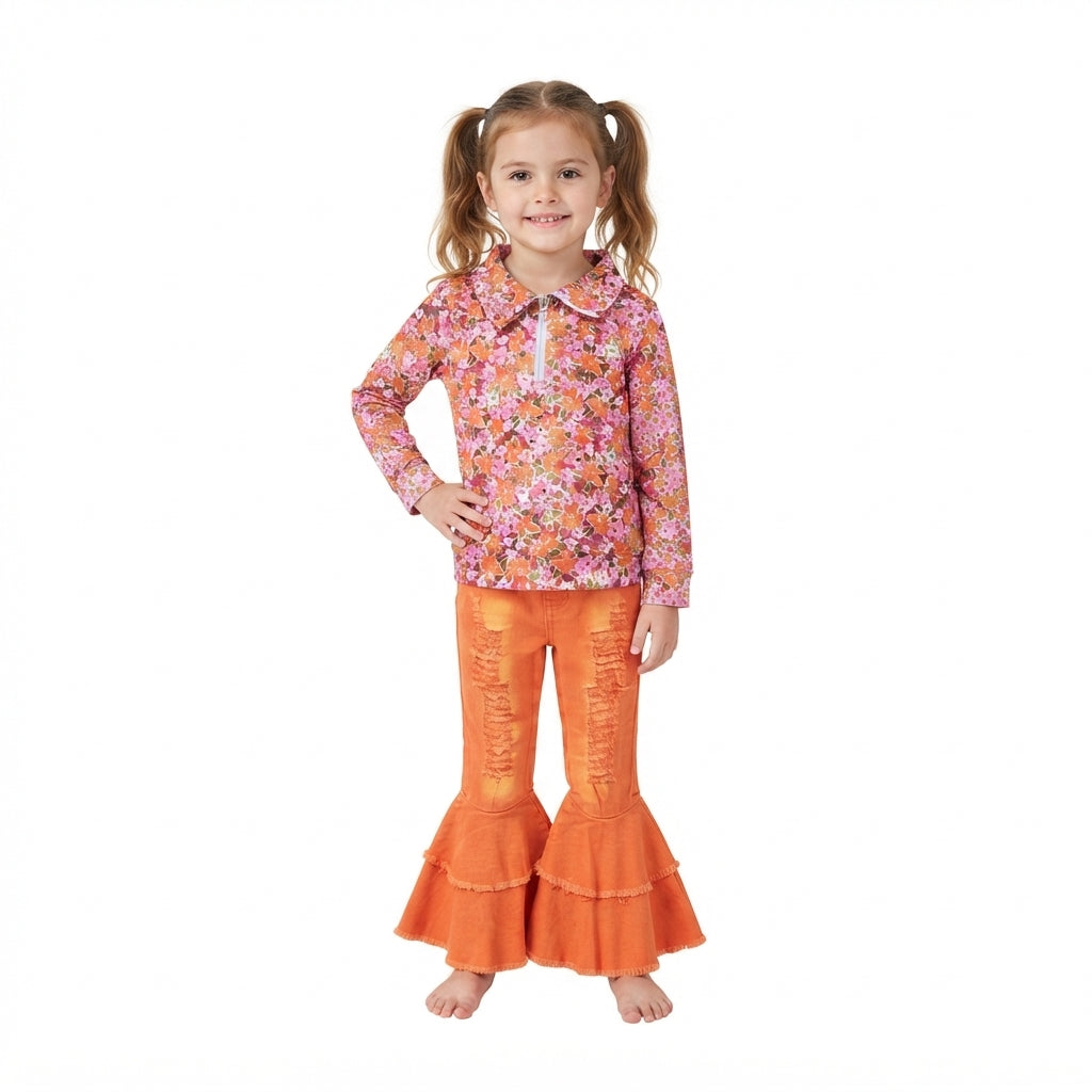Baby Girls Fall Flowers Zip Pullovers Orange Denim Bell Bottom Pants Clothes Sets