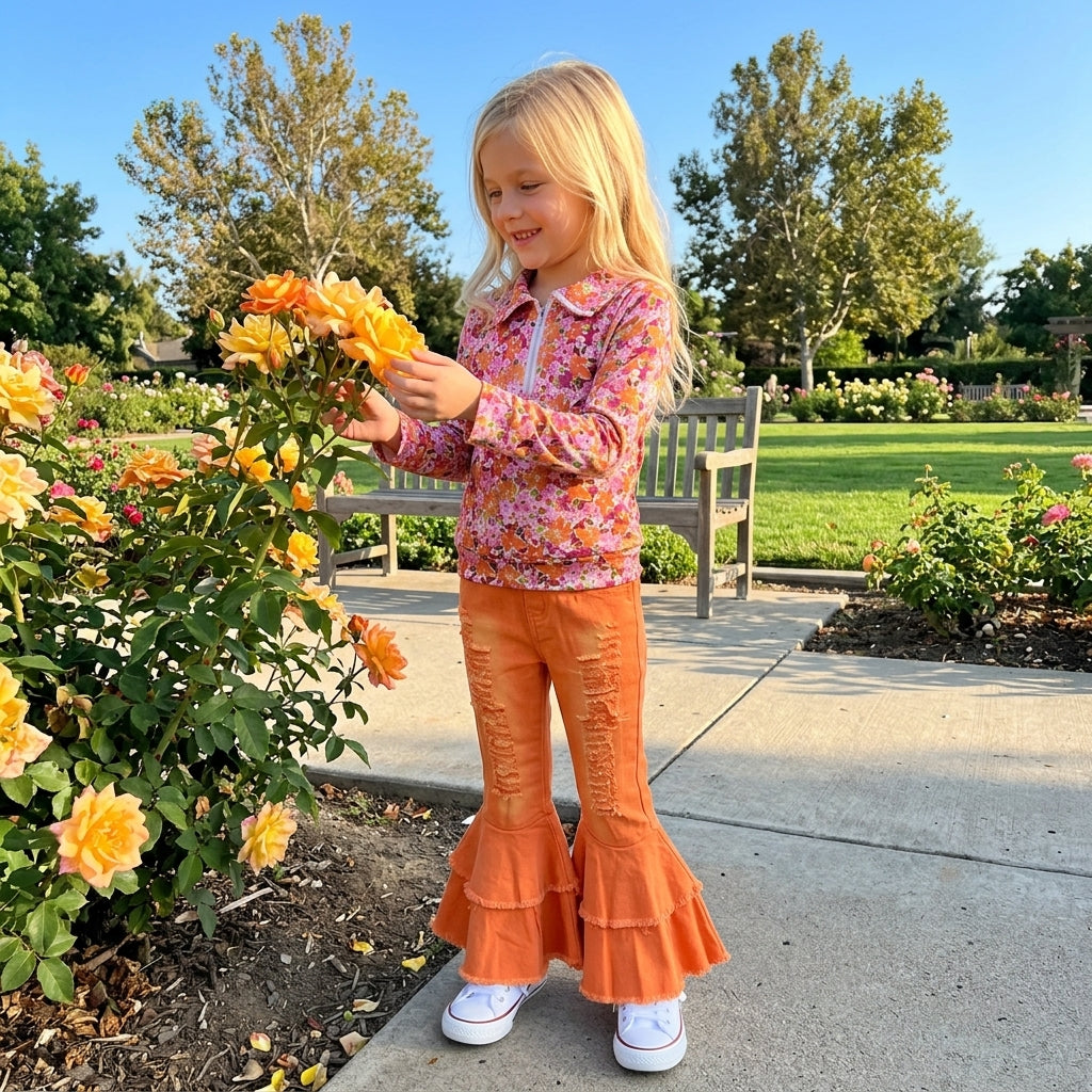 Baby Girls Fall Flowers Zip Pullovers Orange Denim Bell Bottom Pants Clothes Sets