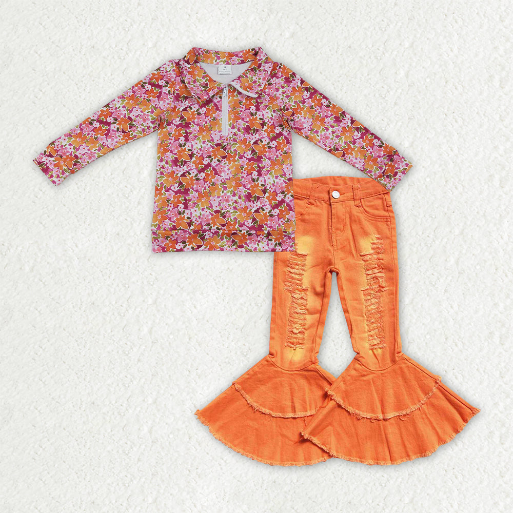 Baby Girls Fall Flowers Zip Pullovers Orange Denim Bell Bottom Pants Clothes Sets