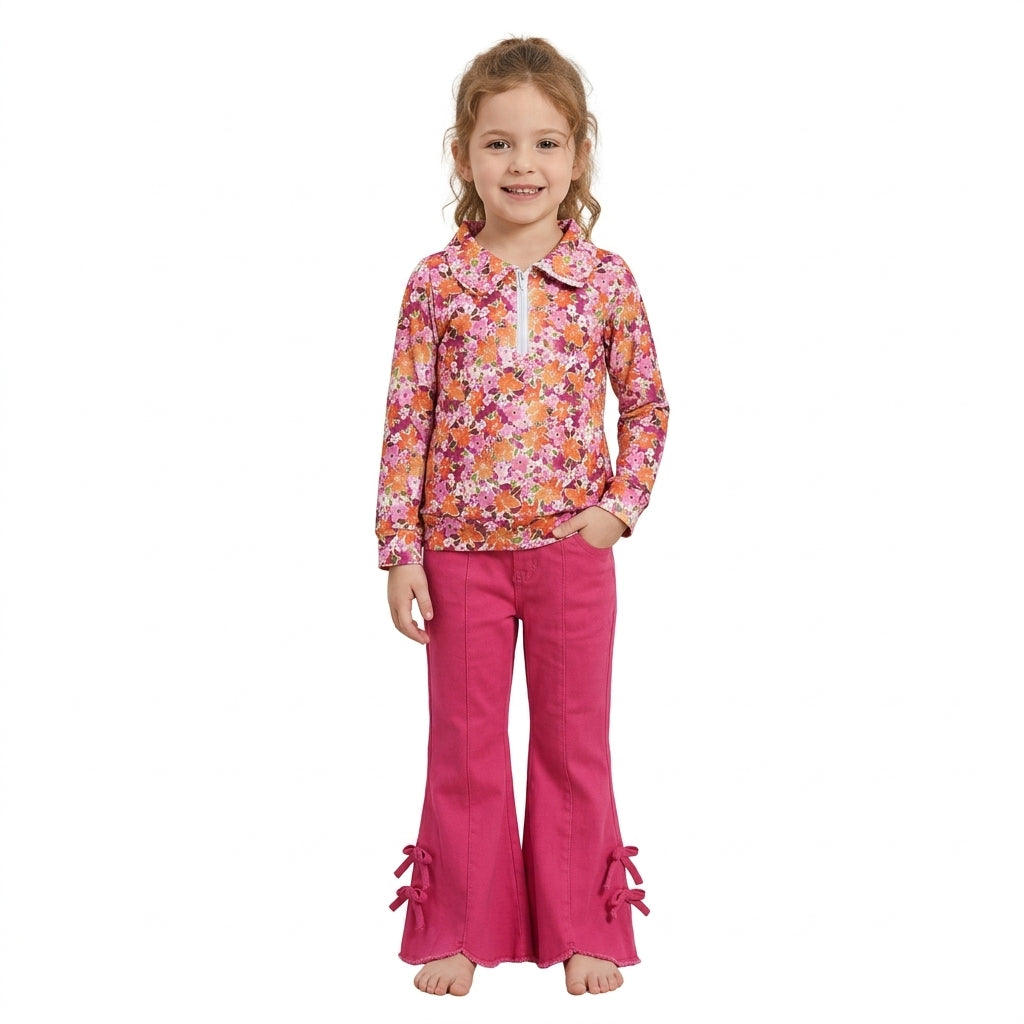 Baby Girls Fall Flowers Zip Pullovers Hot Pink Denim Flare Pants Clothes Sets