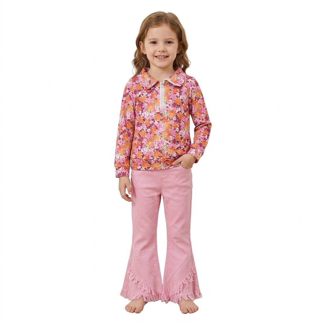 Baby Girls Fall Flowers Zip Pullovers Pink Denim Flare Pants Clothes Sets
