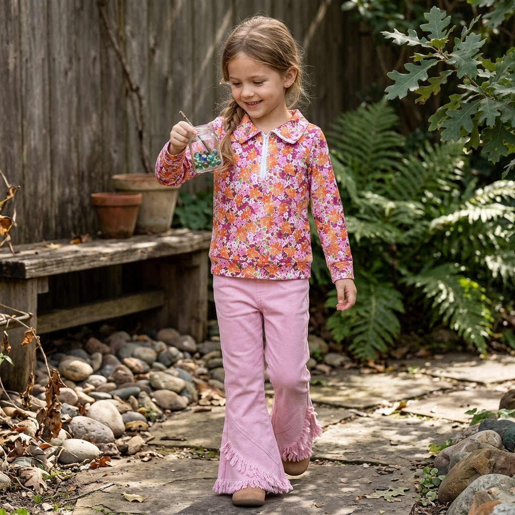 Baby Girls Fall Flowers Zip Pullovers Pink Denim Flare Pants Clothes Sets