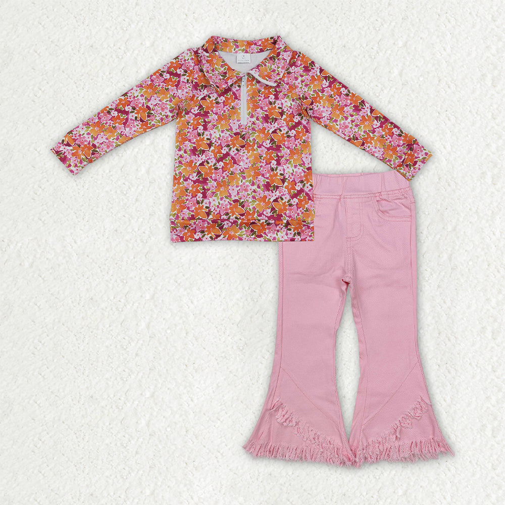 Baby Girls Fall Flowers Zip Pullovers Pink Denim Flare Pants Clothes Sets