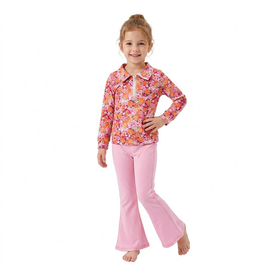Baby Girls Fall Flowers Zip Pullovers Pink Yoga Active Bell Bottom Pant Clothes Sets