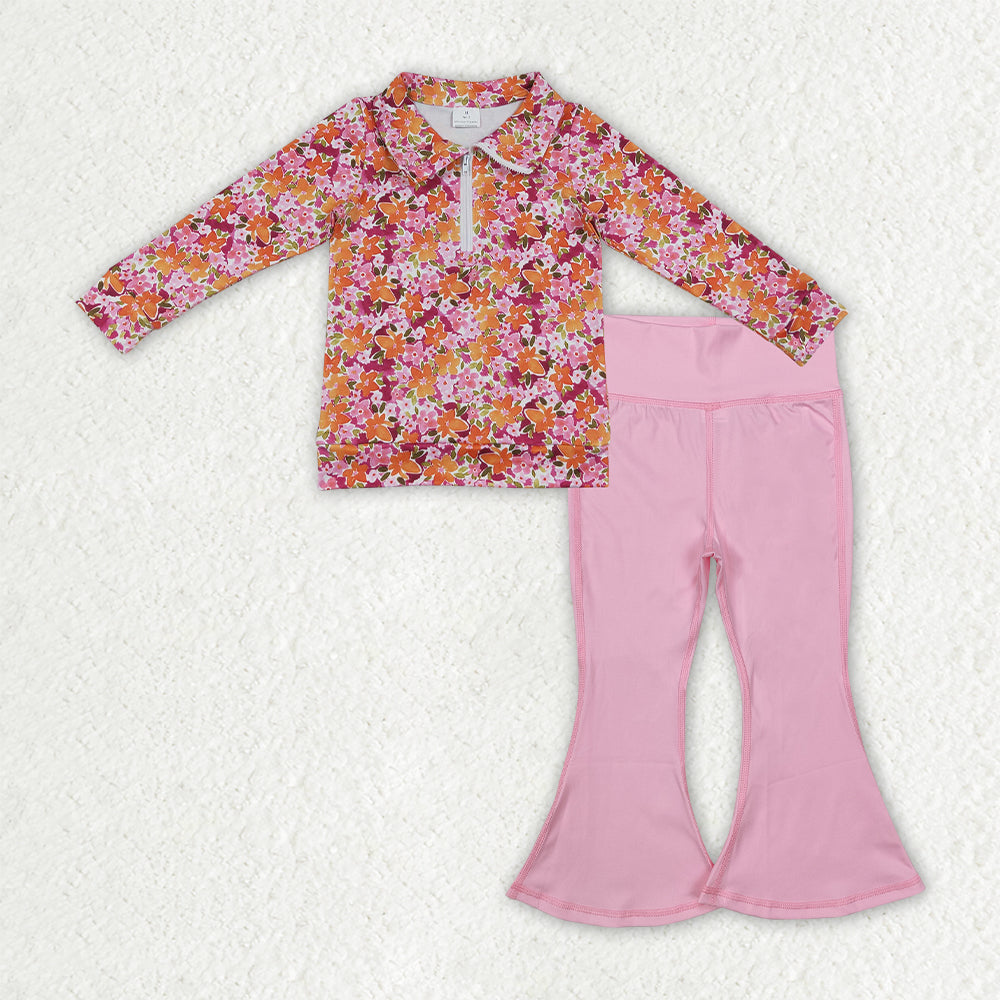 Baby Girls Fall Flowers Zip Pullovers Pink Yoga Active Bell Bottom Pant Clothes Sets