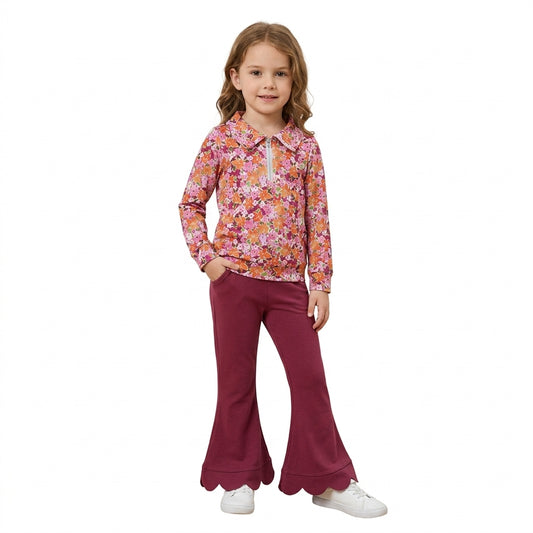 Baby Girls Fall Flowers Zip Pullovers Maroon Scallop Bell Bottom Pant Clothes Sets