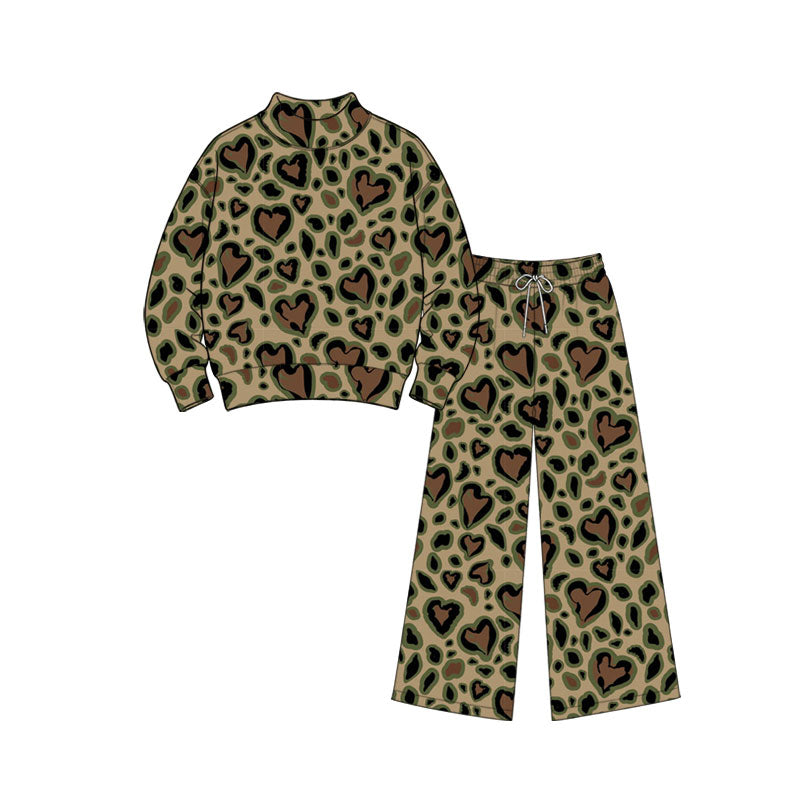 Baby Girls Olive Black Hearts Leopard Choker Top Flare Pant Valentines Clothes Set Preorder