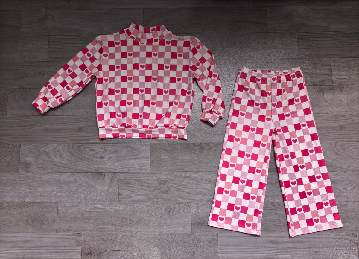 Baby Girls Pink Checked Hearts Choker Top Flare Pant Valentines Clothes Set Preorder