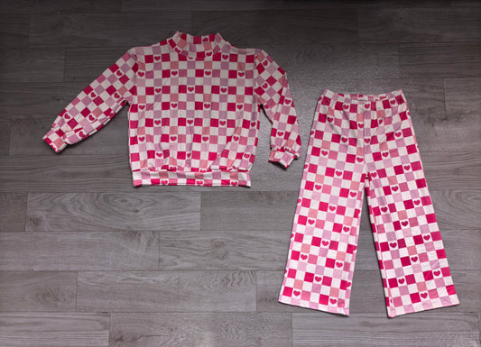Baby Girls Pink Checked Hearts Choker Top Flare Pant Valentines Clothes Set Preorder