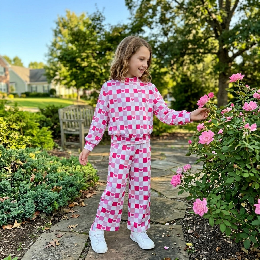 Baby Girls Pink Checked Hearts Choker Top Flare Pant Valentines Clothes Set