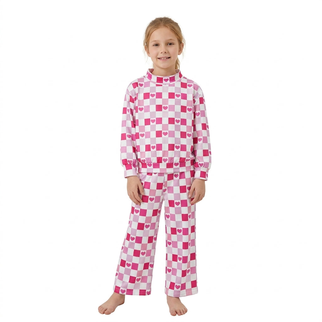 Baby Girls Pink Checked Hearts Choker Top Flare Pant Valentines Clothes Set