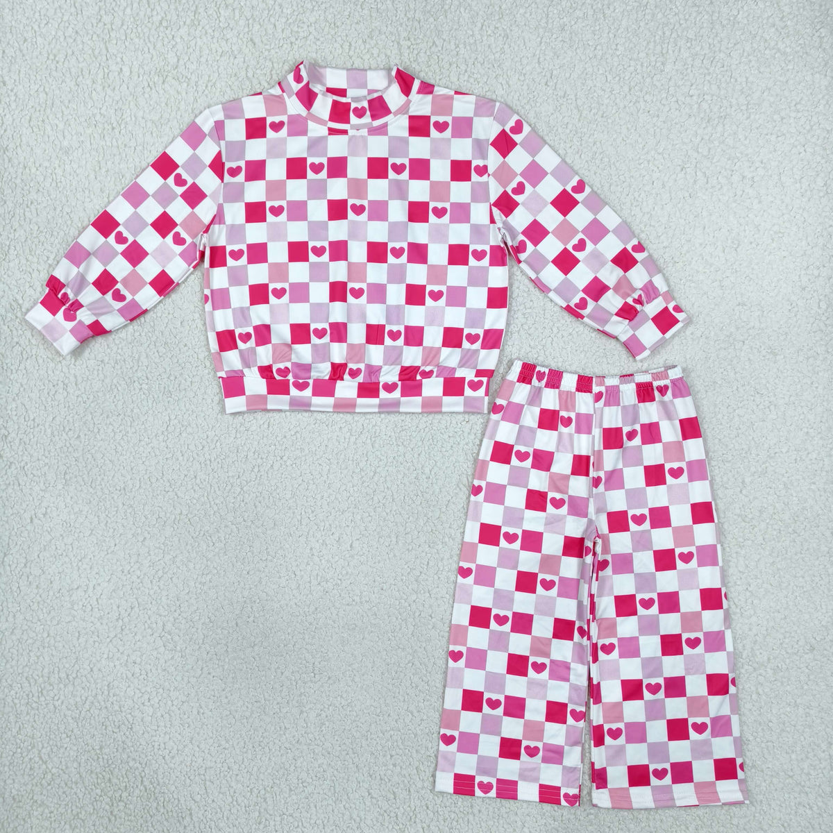 Baby Girls Pink Checked Hearts Choker Top Flare Pant Valentines Clothes Set