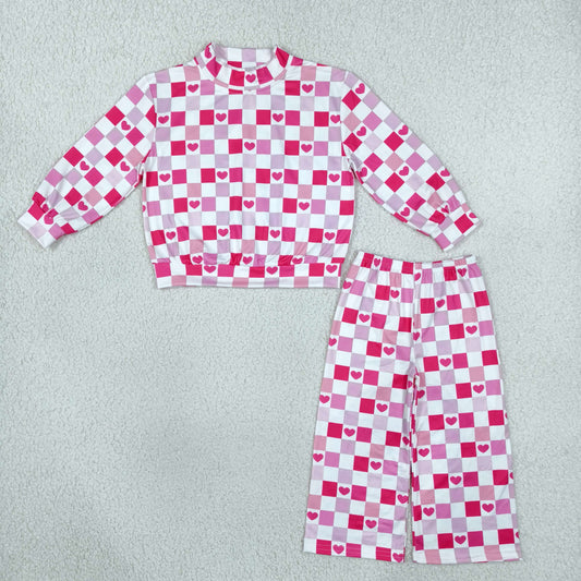 Baby Girls Pink Checked Hearts Mock Neck Top Flare Pant Valentines Clothes Set