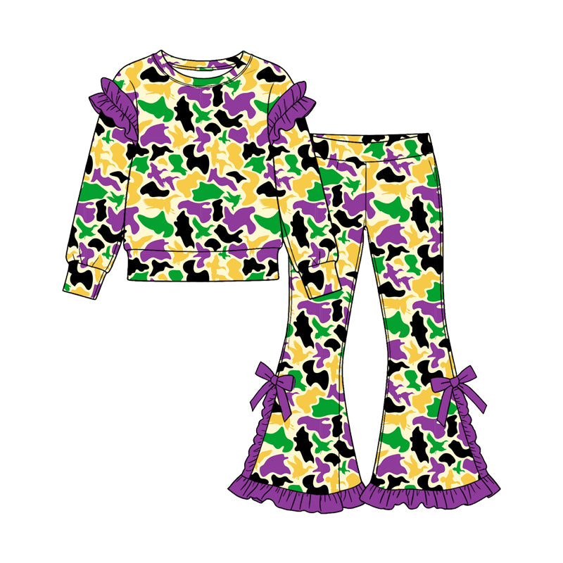 Baby Girls Mardigras Ducks Camo Top Bell Bottom Pant Hunting Clothes Set Preorder