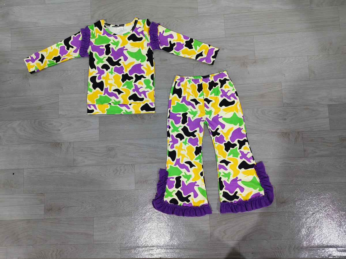 Baby Girls Mardigras Ducks Camo Top Bell Bottom Pant Hunting Clothes Set Preorder