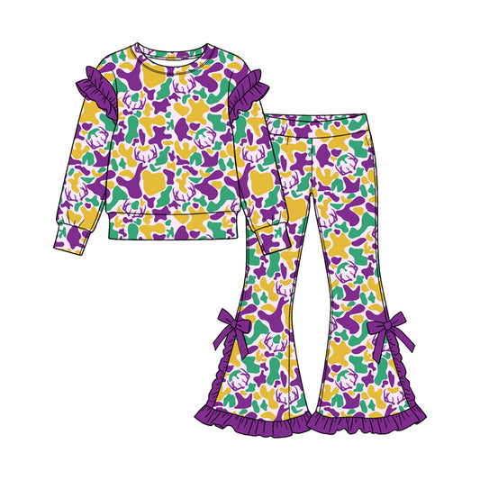 Baby Girls Mardigras Deer Camo Top Bell Bottom Pant Hunting Clothes Set Preorder