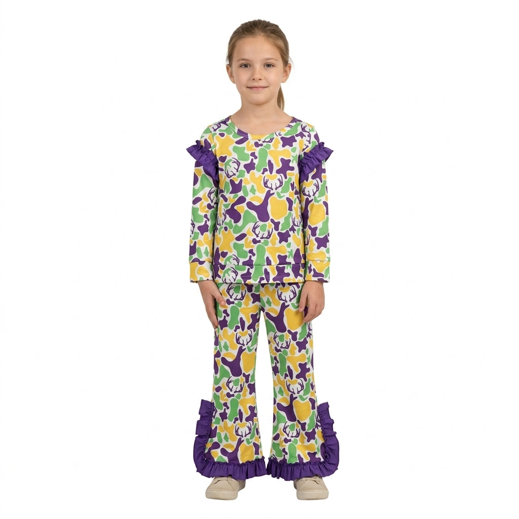 Baby Girls Mardigras Deer Camo Top Bell Bottom Pant Hunting Clothes Set