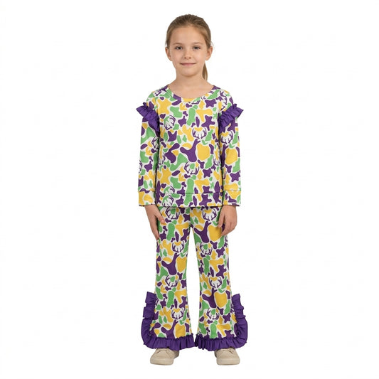 Baby Girls Mardigras Deer Camo Top Bell Bottom Pant Hunting Clothes Set