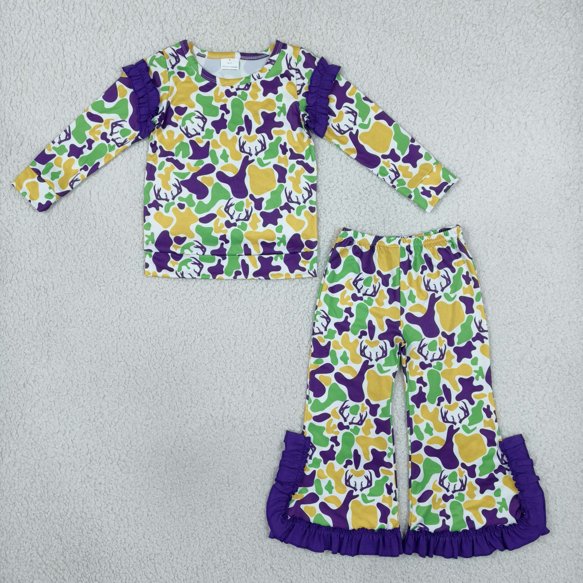 Baby Girls Mardigras Deer Camo Top Bell Bottom Pant Hunting Clothes Set