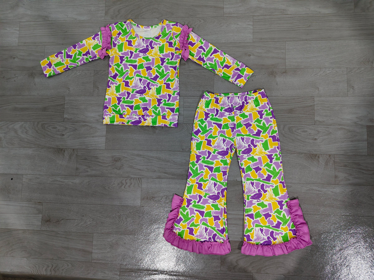 Baby Girls Mardigras Ducks Camo Top Bell Bottom Pant Hunting Clothes Set Preorder