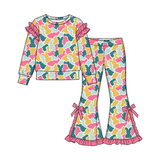 Baby Girls Rabbits Camo Top Bell Bottom Pant Easter Clothes Set Preorder