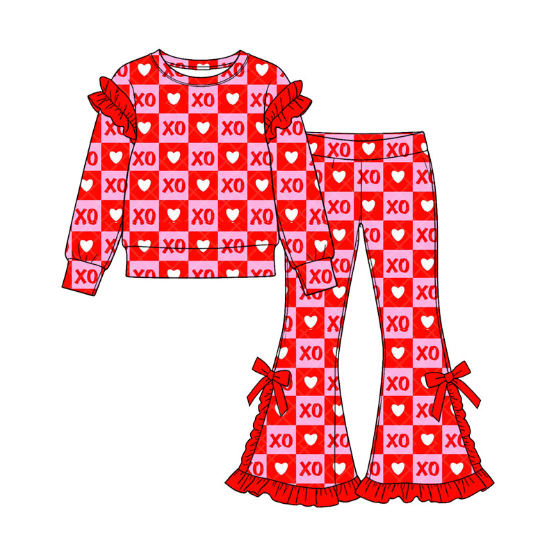 Baby Girls Hearts XOXO Checked Top Bell Bottom Pant Valentines Clothes Set Preorder